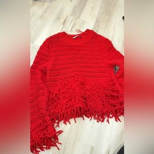 Zara Vibrant Red Knit Sweater with Fringe